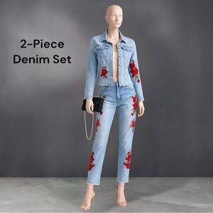 Ashley Stewart Denim Two-Piece Set with Red Rose Appliqué